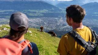 Zwei Wanderer mit Rucksäcken blicken auf eine Stadt im Tal, während Schafe auf einer grünen Bergwiese grasen, umgeben von Bergen im Hintergrund.