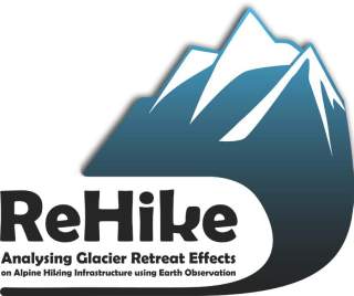 Logo mit stilisierter blauer Bergsilhouette und Text „ReHike Analysing Glacier Retreat Effects on Alpine Hiking Infrastructure using Earth Observation“.