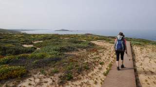 Eine Frau mit Rucksack und Wanderstöcken geht auf einem Holzsteg durch eine karge Landschaft mit niedriger Vegetation an der Küste entlang, im Hintergrund Meer und Inseln.