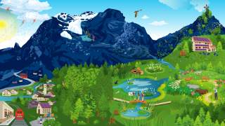 Illustration eines Bergpanoramas mit sichtbaren Klimawandelfolgen sowie Anapssungsmaßnahmen wie PV auf der Hütte oder renaturierte Moorflächen.